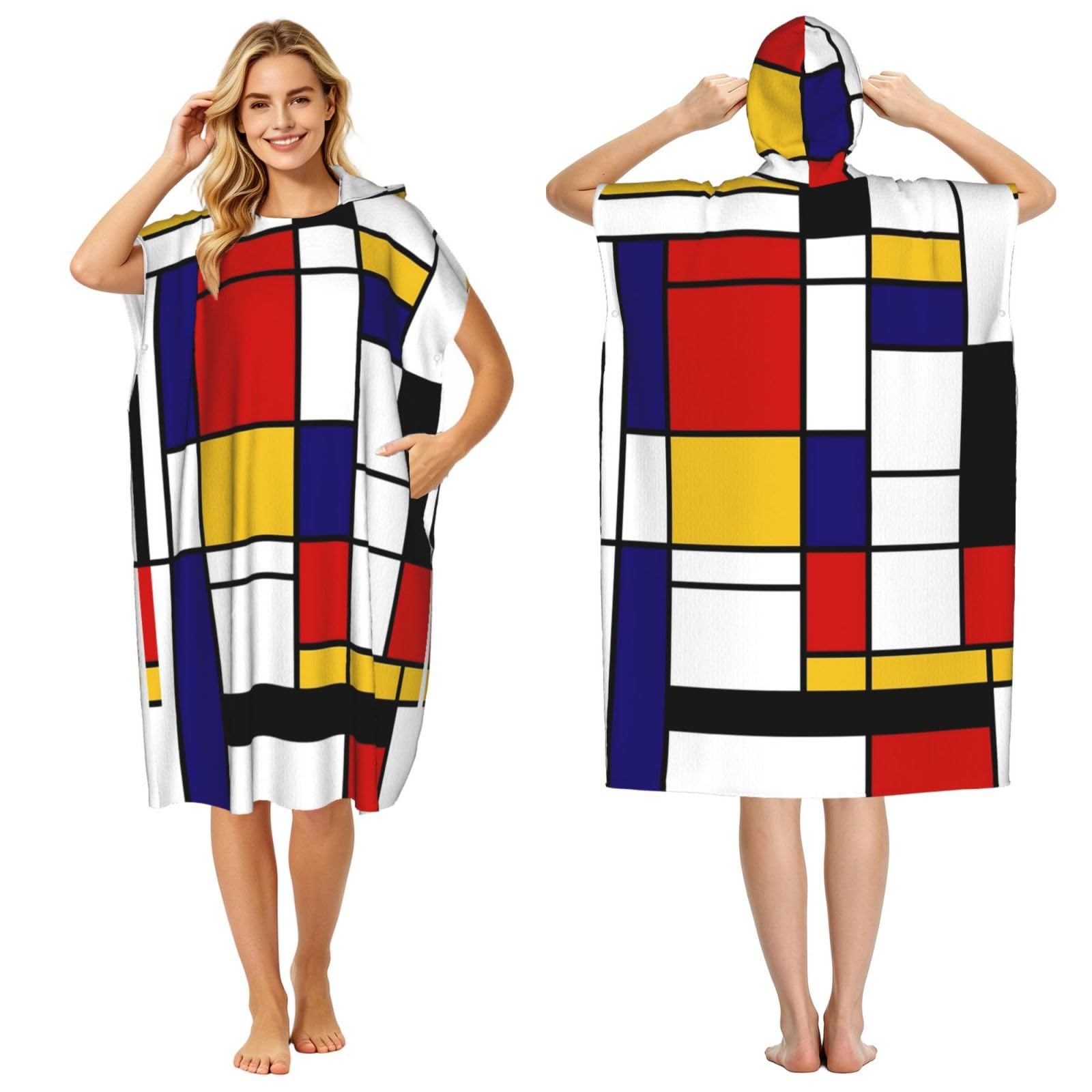 Poadnly Mondrian Style, Adult Hooded Beach Towel 90 x 110 cm,Changing Bath Robe, Surf Poncho Towel For Women Men