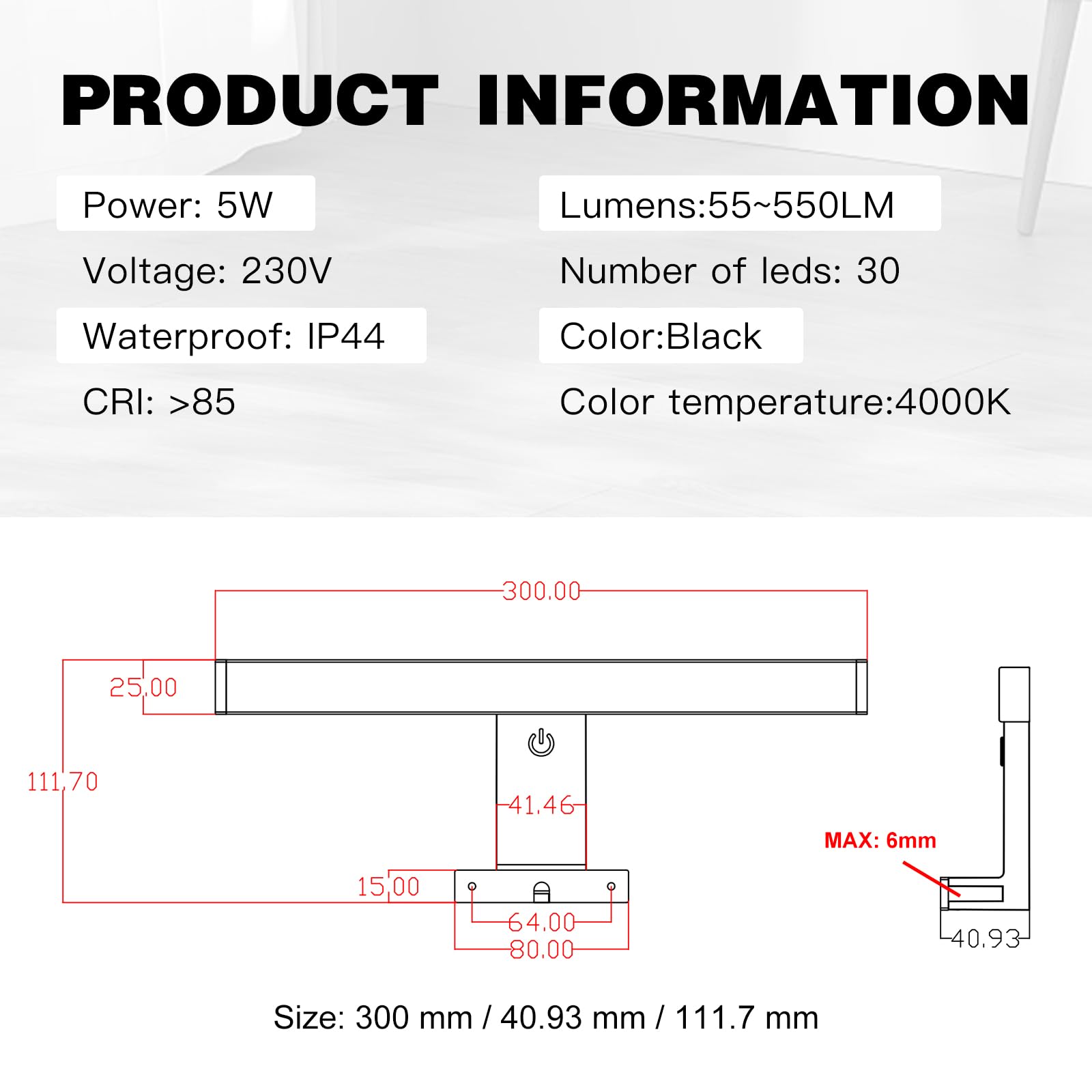 DEELUX Lámpara de Espejo Baño Con Interruptor táctil,Luz LED para espejo regulable (55 a 550 lm) 5w 30cm,Blanco Neutro 4000K LED Armario Lámpara Luz de Pared,IP44 230V Aplique de Baño Espejo,Negro
