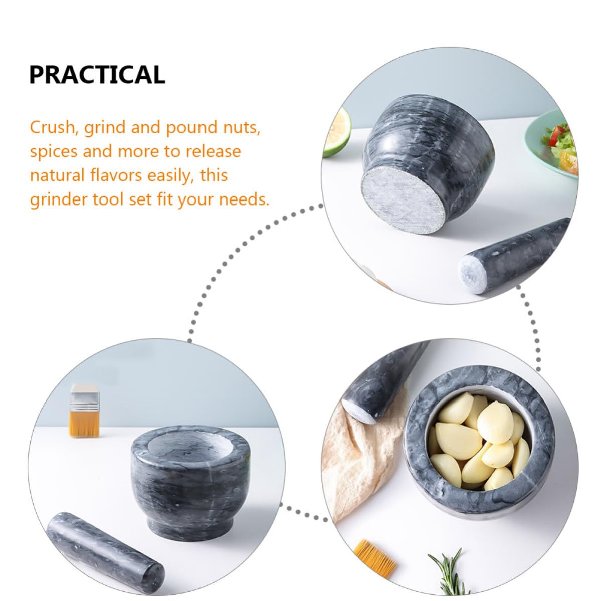 Mortero de Mármol Portátil para Triturar Ajos, Herramienta Manual para Cocina en Hogar y Restaurante, Diseño Compacto y Duradero Negro