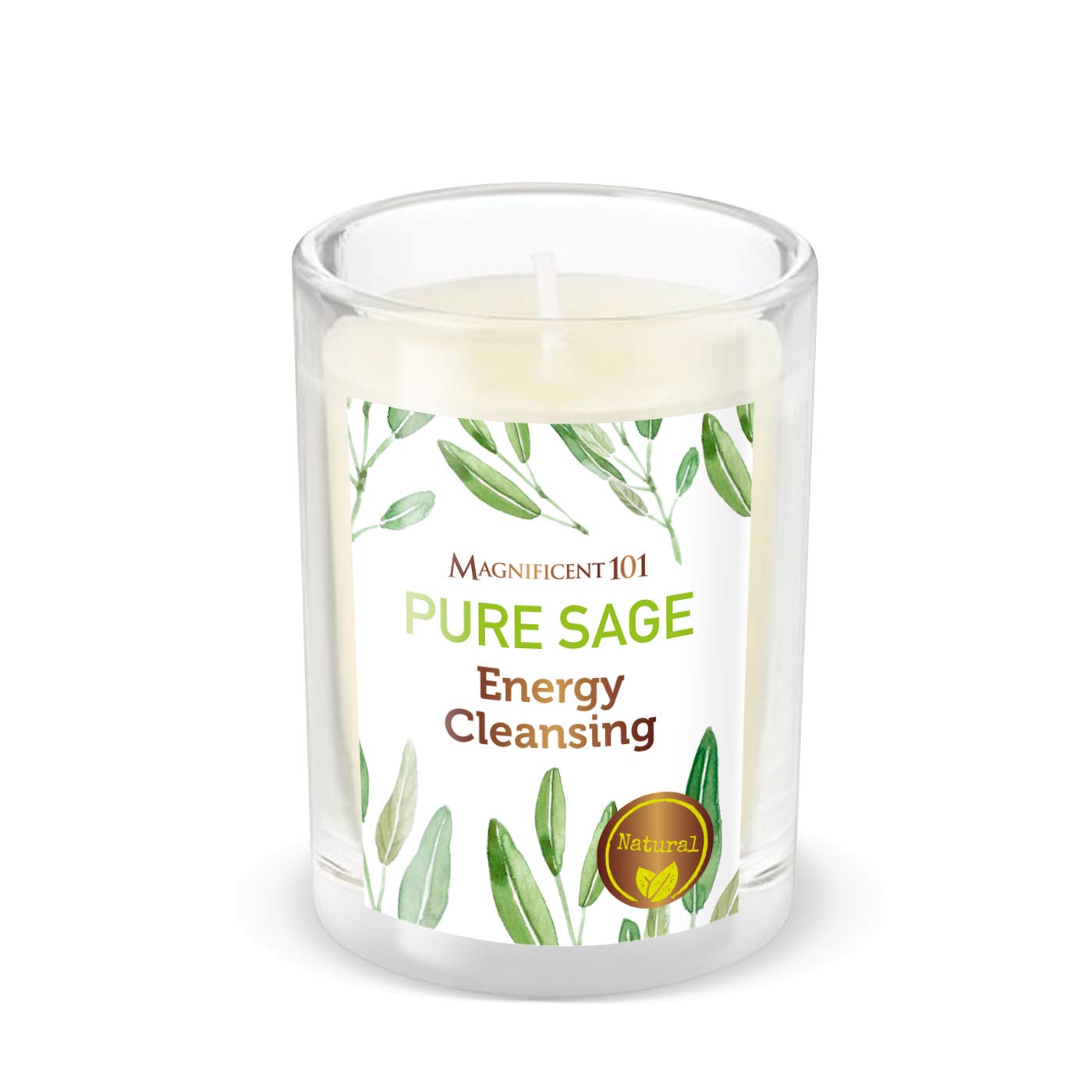 Magnificent 101 Pure Sage Energy Cleansing Candle for Smudging, Purification, Chakra Healing; Great Gift for Meditation, Aromatherapy & Yoga Practice; 100% Natural Soy Wax Candle in 6-oz. Glass Holder