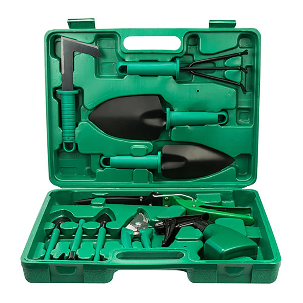 10 Pezzi Set Attrezzi da Giardino, con Custodia, in Acciaio Inox, Impugnatura Ergonomica, Cazzuola Rastrello Sarchiatrice Cesoie Spruzzatore,Green