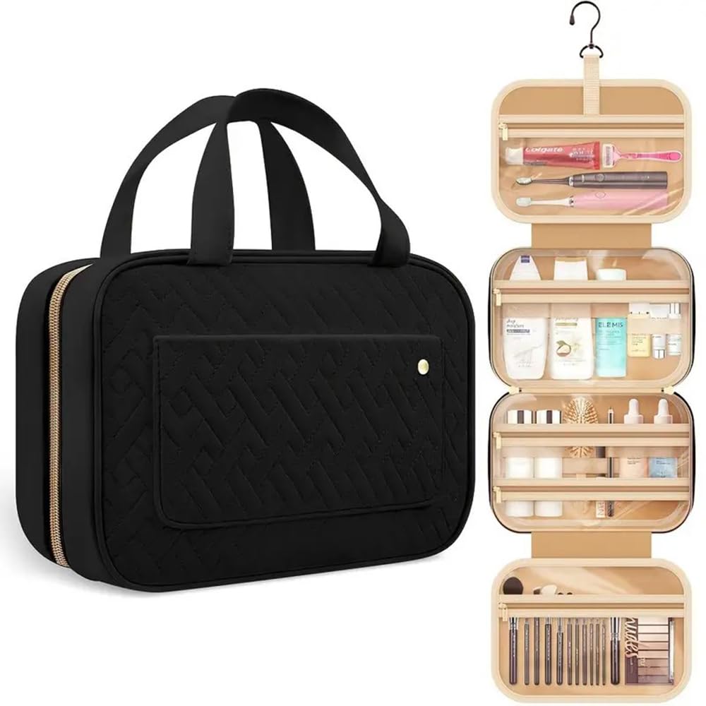 INOVERA (LABEL) Polyester Toiletry Bag For Travel - Foldable Cosmetic Makeup Accessories Bags - Hanging Toiletries Storage Organizer Kit, 8.5 Cm, One Size, Black
