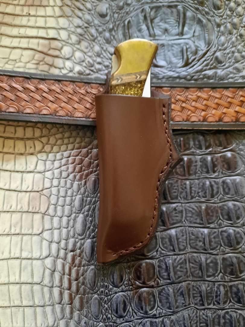 Custom Left Hand Leather Knife Sheath Fits Buck 110 Knife, 5" Folding Knife Holder, Dark Brown