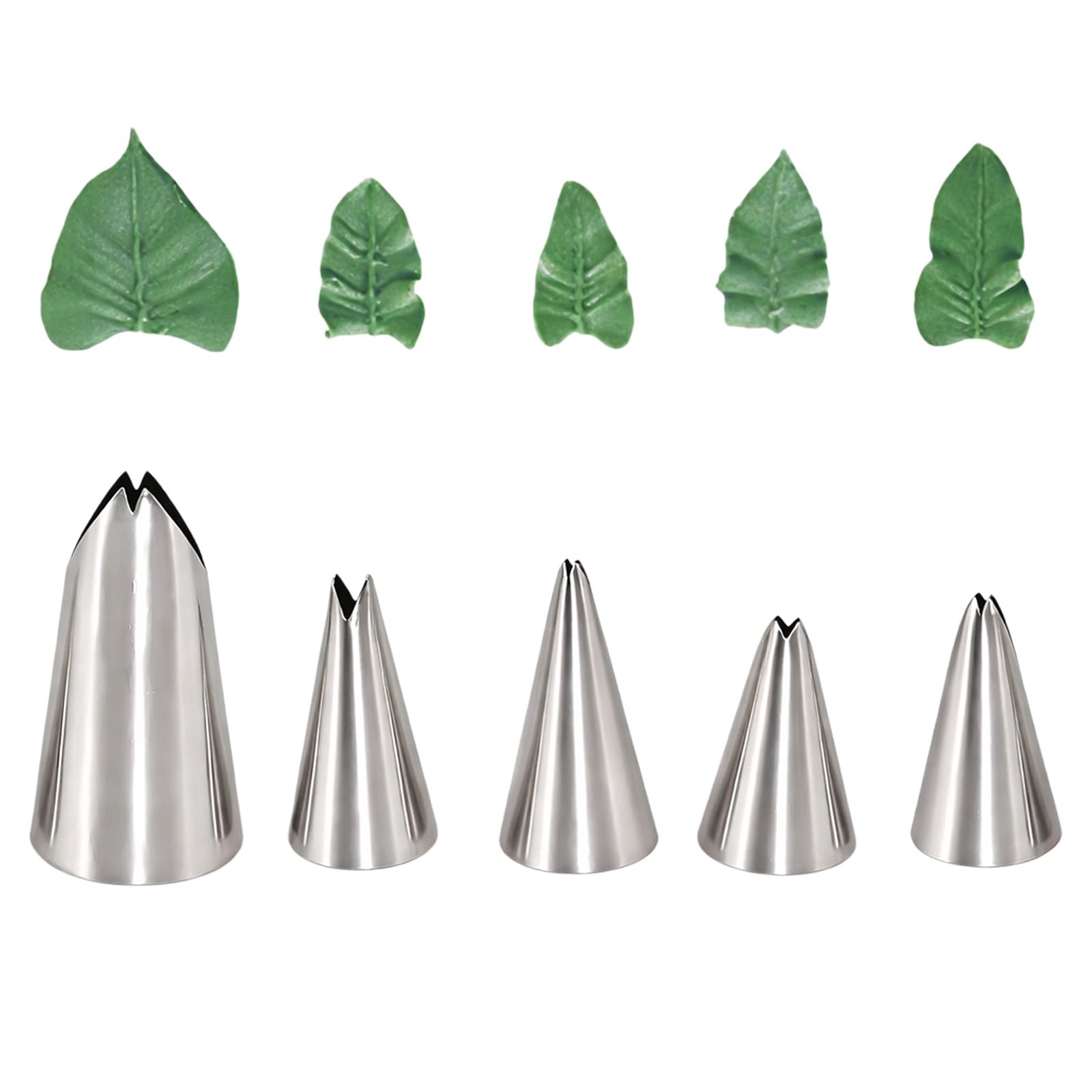 KinetiCore 5Pcs Silver Leaf Piping Tips – Stainless Steel Cake Icing Nozzles, Russian Piping Tips Set for Cake Decorating, DIY Baking Supplies (Leaf Patterns)