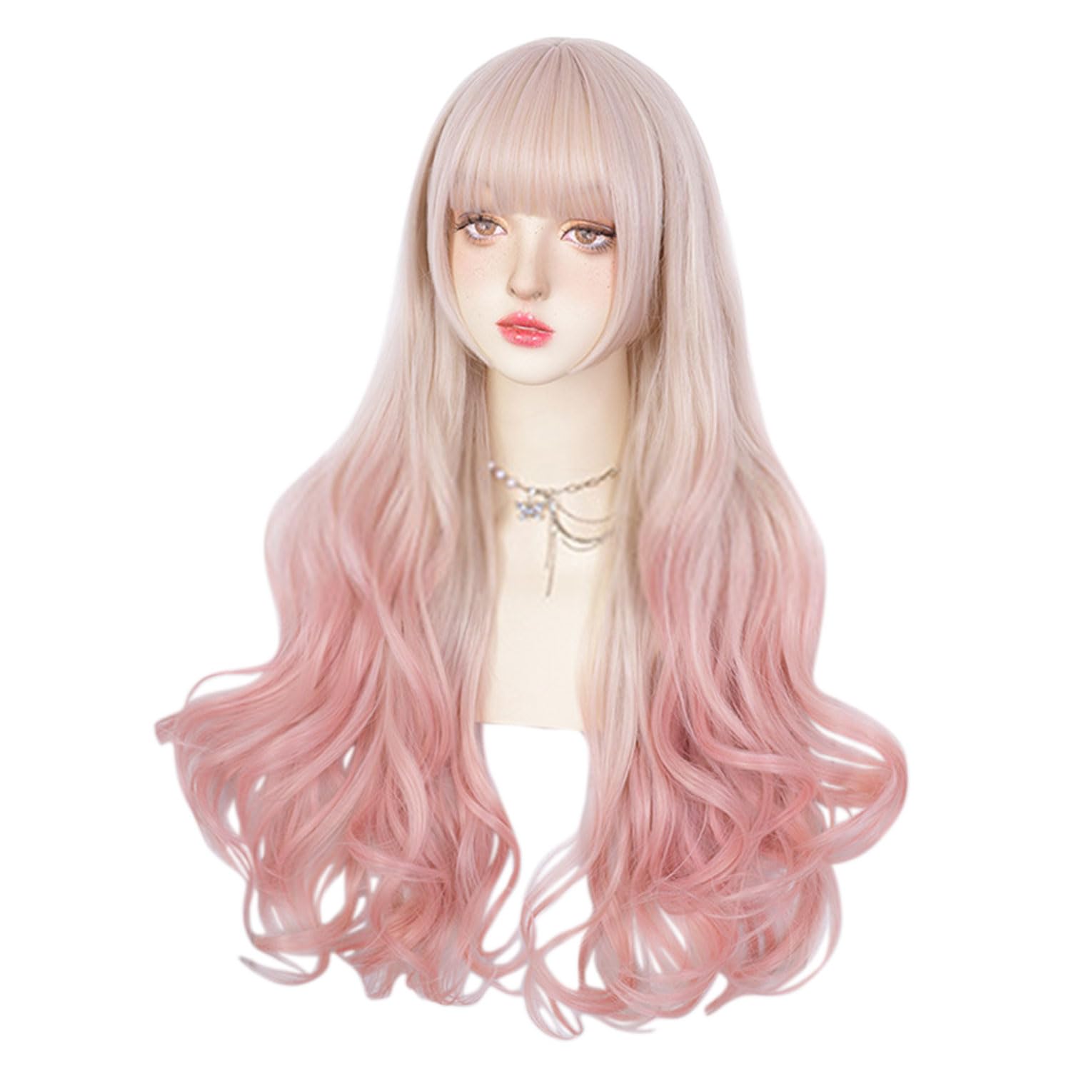 Long Curly Wavy Grey Purple Wig for Women, Cosplay, Lolita: Light Pink