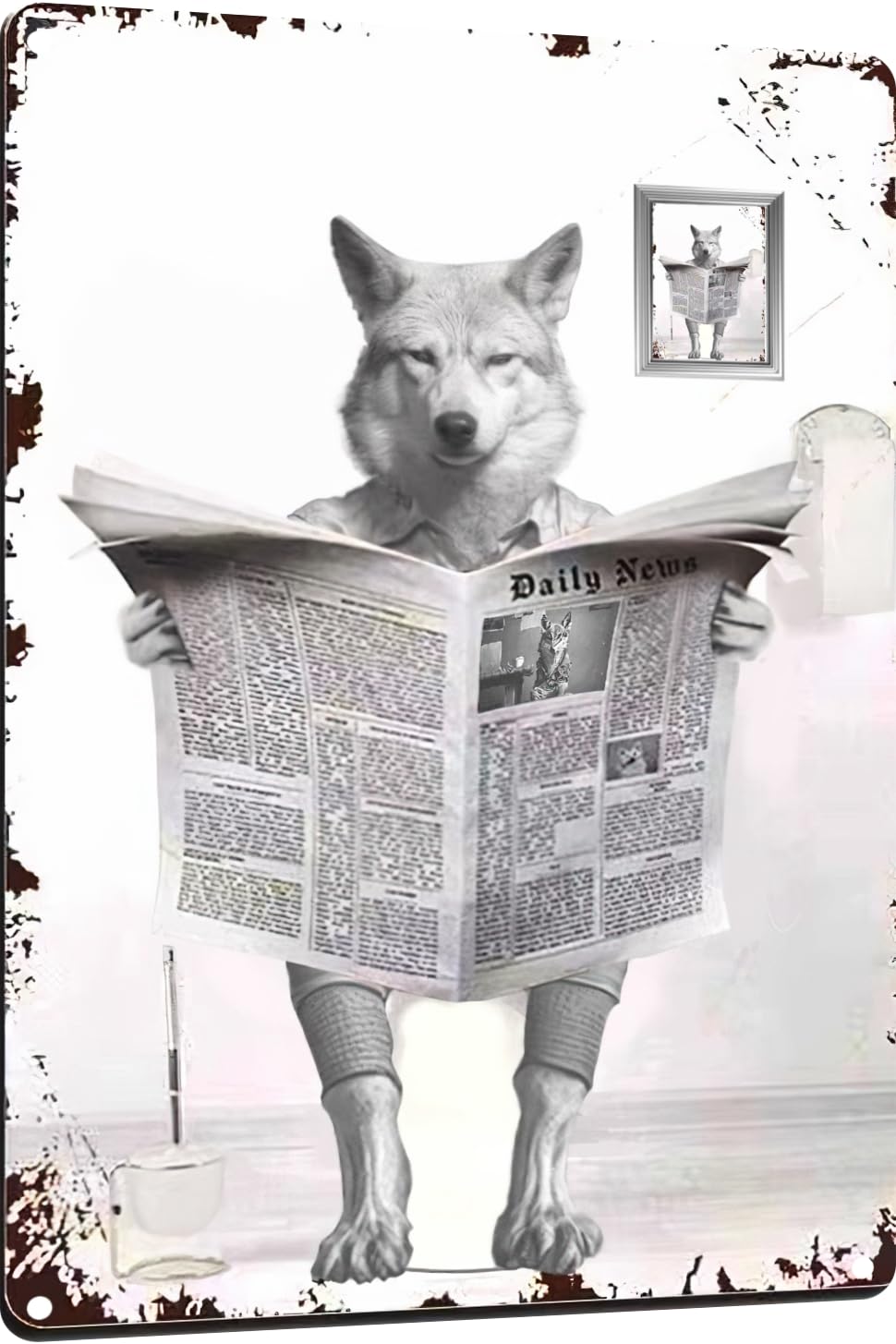 TopPacific Metal Tin Sign Vintage Wolf Toilet Reading Newspaper Humour Funny Animal Whimsy Animal for Home, Bathroom and Toilet Wall Decor 12x16 Inch(819B)