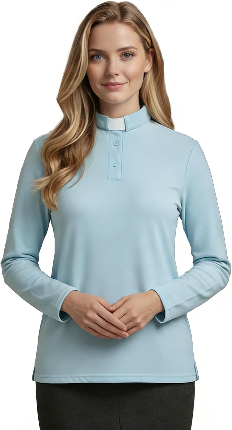 Womens Clergy Shirt Tab Collar Long Sleeves Polo Shirt Clergy Button Down Blouse