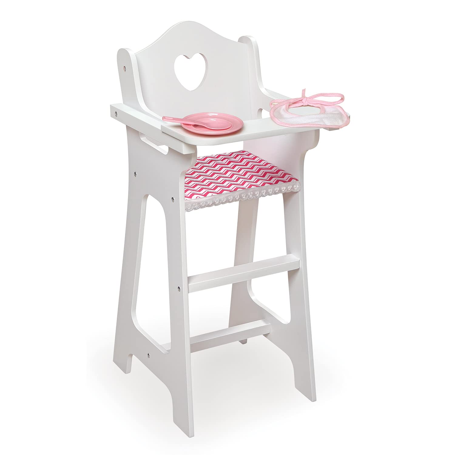 Badger BasketChevron Doll High Chair with Plate, Bib, and Spoon – Ideal for Feeding 18-Inch Dolls in White and Pink