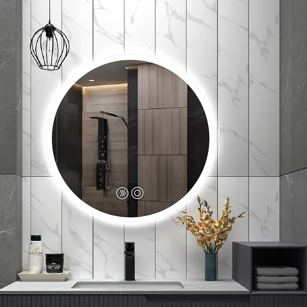 LED Bathroom Mirror with Lights, Adjustable 3000K/4500K/6000K Lights, Smart LED Vanity Mirror, Wall Mounted Anti-Fog Dimmable Front Lighted Makeup Mirror (Round 24 x24)
