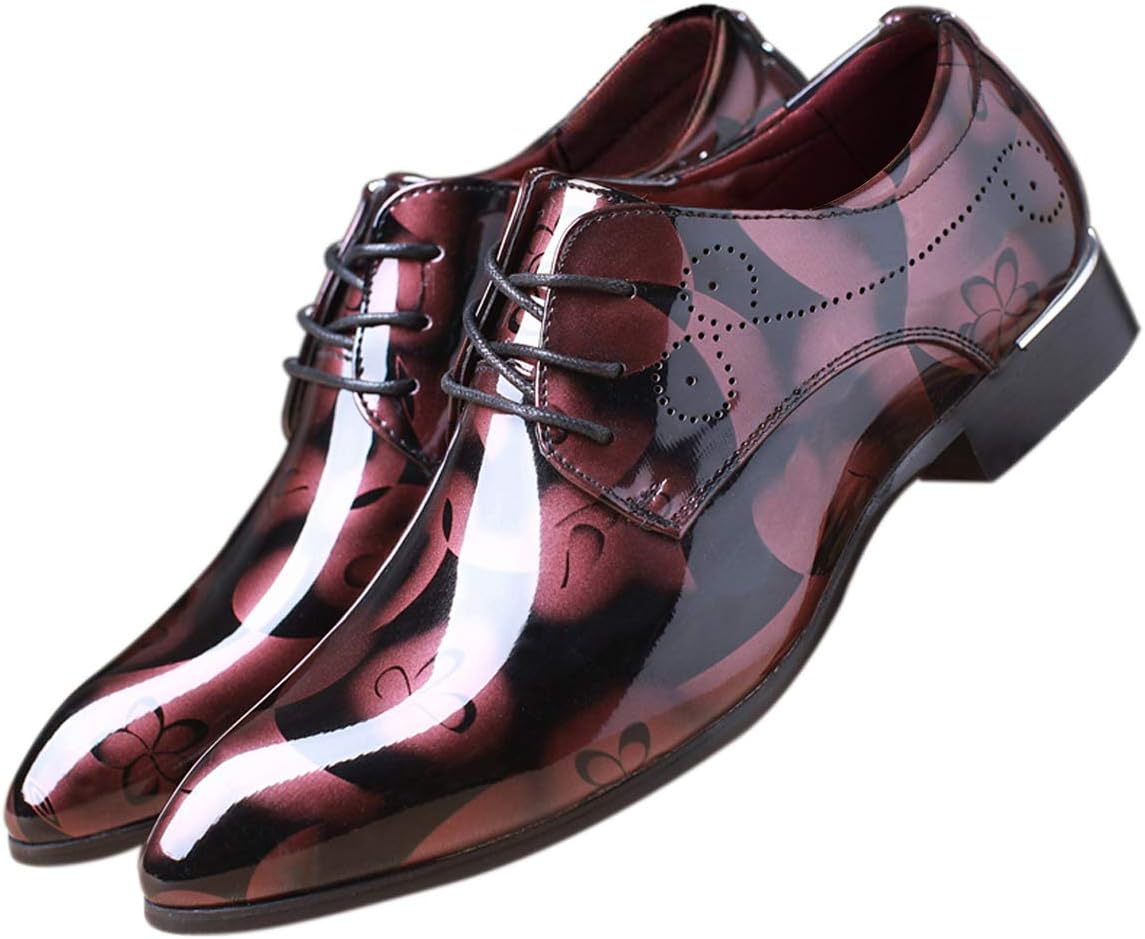 Men Fashion Shoes Dress Pointed Toe Floral Patent Leather Lace Up Oxford Red 10.5 US
