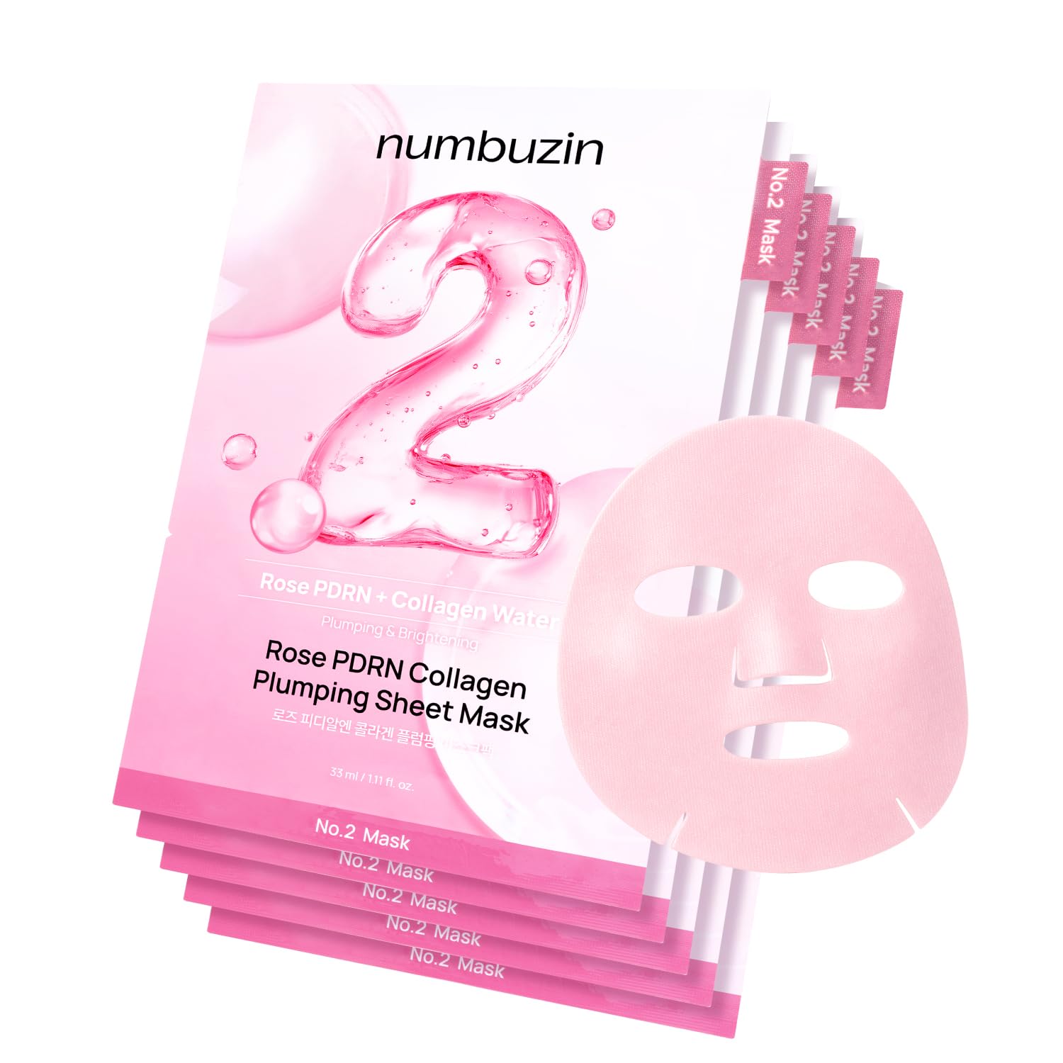 numbuzin No.2 Sheet Mask | Rose PDRN Collagen Plumping Sheet Mask | Korean Mask for face | Brightening, Hydrating, Firming and Moisturizing | Collagen, Peptides, PDRN | 5 ea