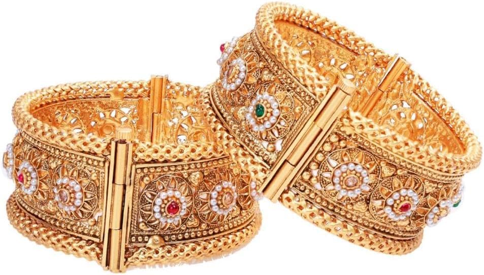 Efulgenz Indian Bangles for Women Gold Tone Bracelet Bangle Set Crystal Floral Engraved Style Hinge Openable Big Broad Bracelet Bangles Indian Bridal Jewelry for Wedding Bollywood Fashion Jewelry (2 Pcs)