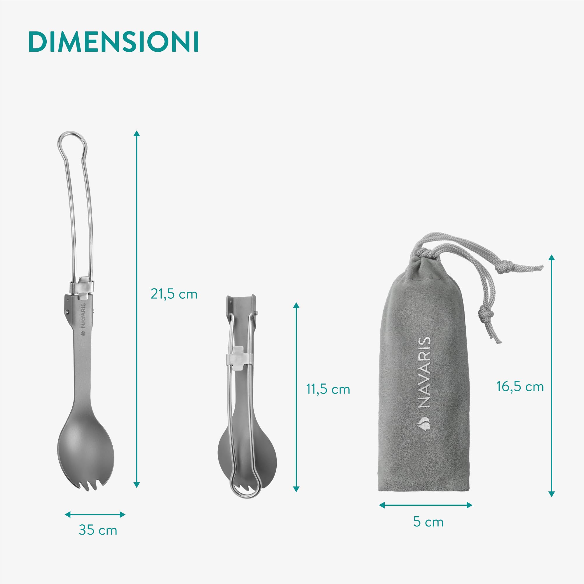 Navaris Spork Pieghevole - Cucchiaio Forchetta 2 in 1 da 21,5 cm - Posate da Campeggio Pieghevoli in Acciaio Inox e Titanio - Include Portaposate da Viaggio in Flanella