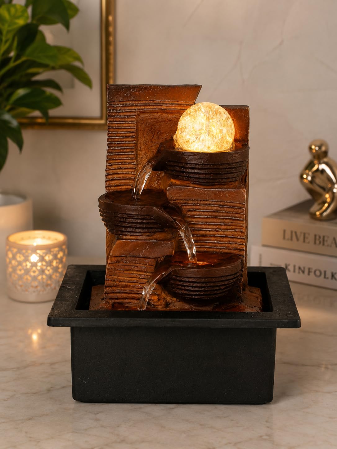 CHRONIKLE Polyresin Designer Tabletop Indoor 3 Steps Water Fountain for Home Decor with Yellow LED Light, Speed Controller Pump & Crystal Ball (Size: 25 x 21 x 18.5CM |Wt: 1180grm | Color: Brown)-image-16