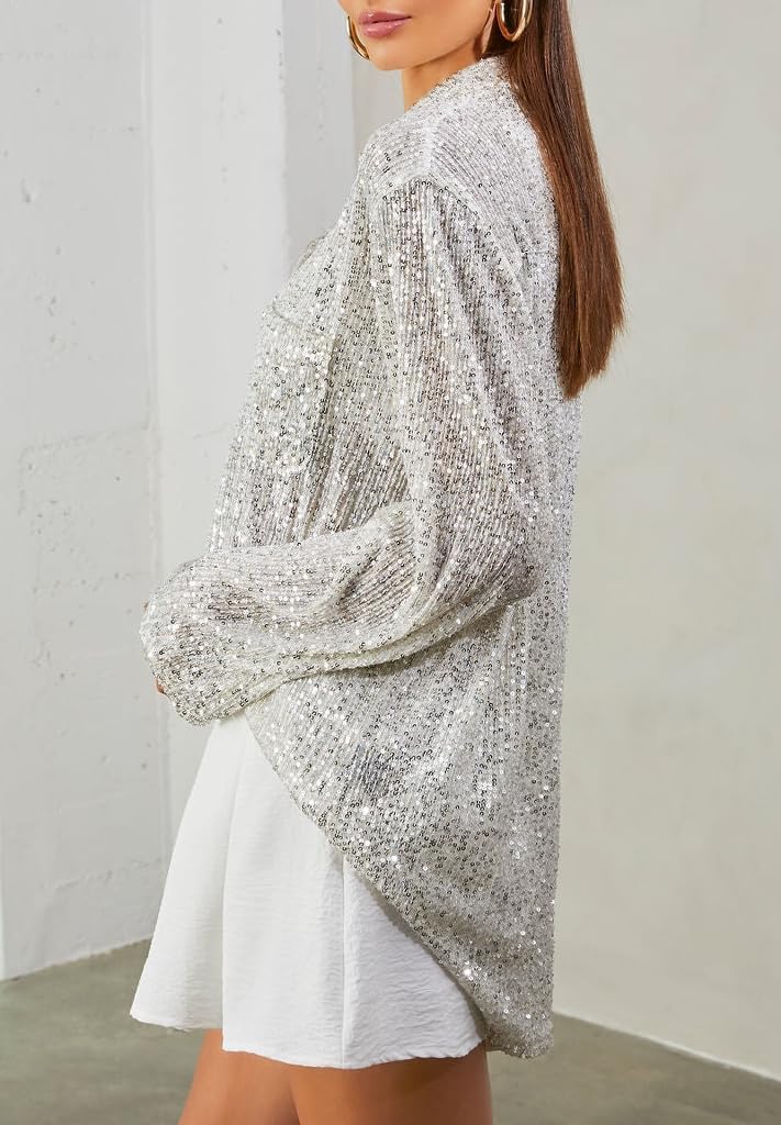 Sequin Button Front Shirt Women’s Dinner Blouse Silver Sequin Tops Sparkly Button Up Shirt Collared Long Sleeve Blouse - Image 4