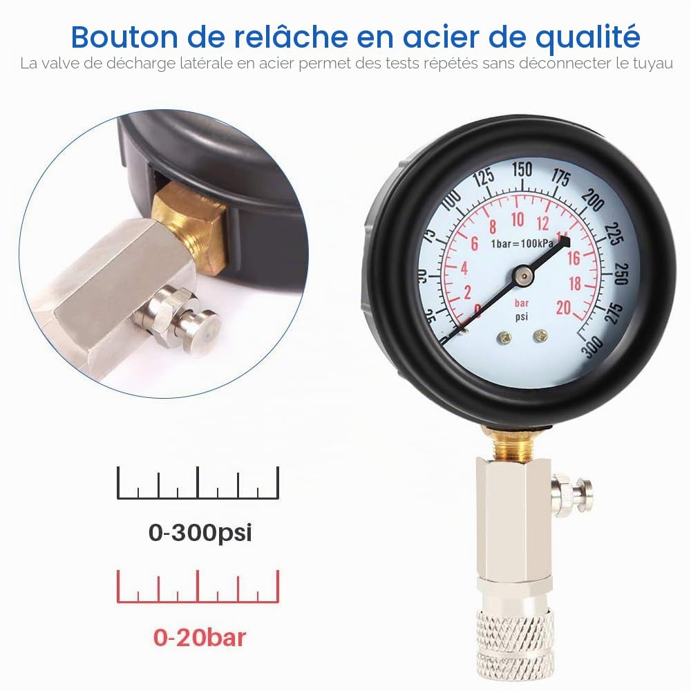 Testeur de compression pour moteur essence et diesel, testeur de pression d'huile de moto, vérification de la compression M10, M12, M14, M18, 0-20 bar et 0-300 psi