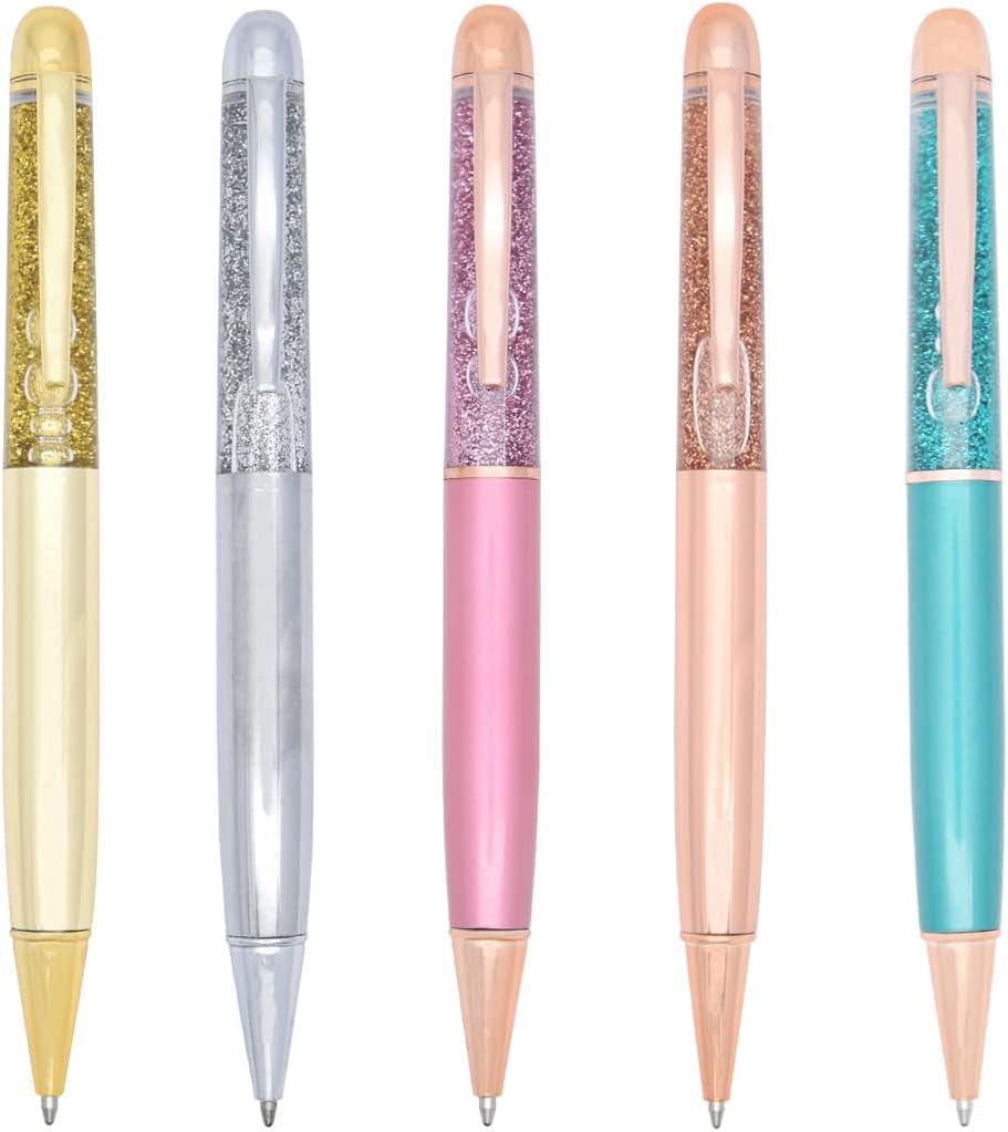Gullor Colorful Gold Powder Quicksand Retractable Ballpoint Pen, Bling Dynamic Floating Liquid Sand Glitter Pen, 5 Pieces, Multicolor