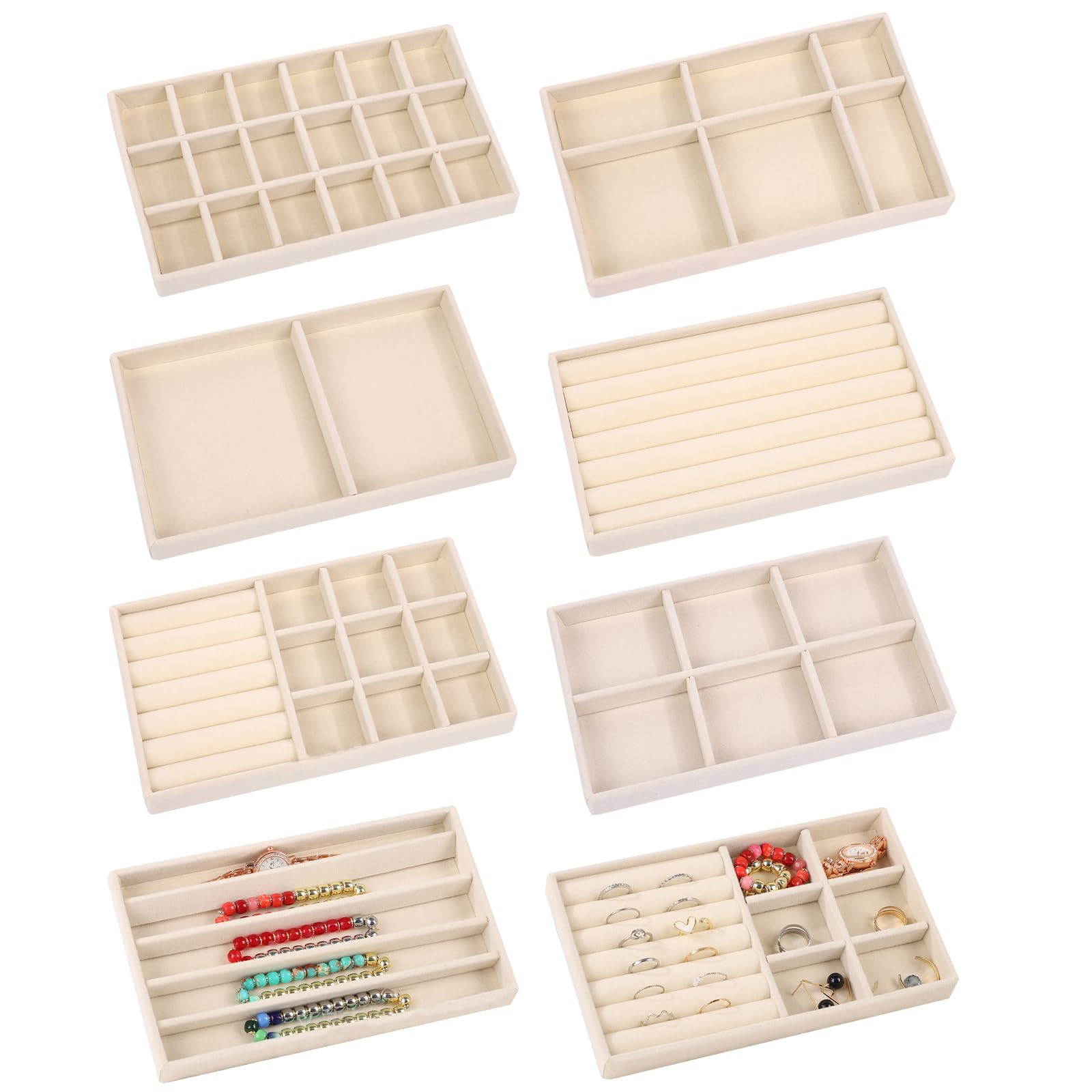 Vassoio Organizer Impilabile Per Gioielli In Velluto Beige – 12 Pezzi Per Cassetti, Divisori Rimovibili - 3