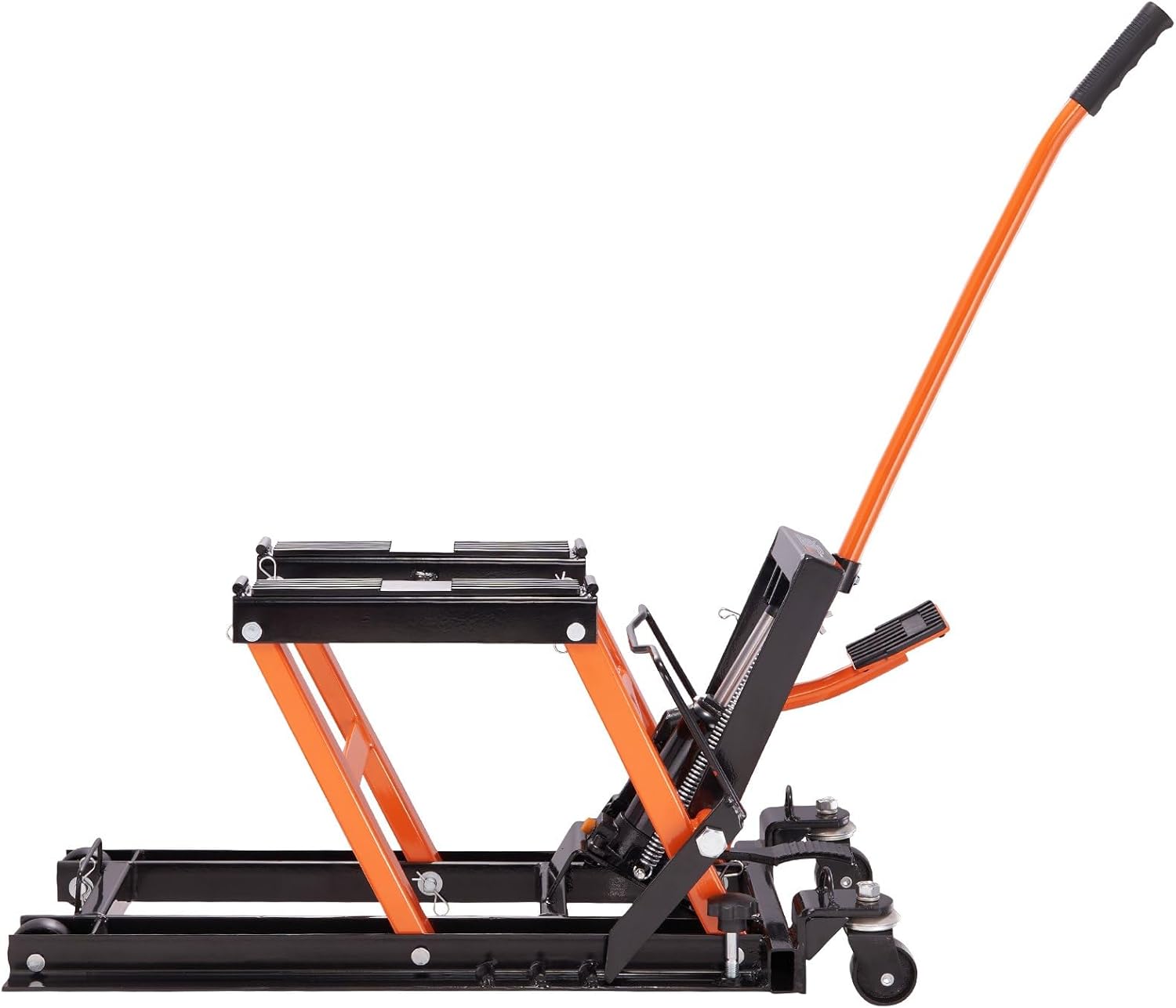 Steel Hydraulic Motorcycle Jack Stand, 1500 LBS ATV Scissor Lift Jack, 4.7"-15" Scissor Portable Lift Jack Stand with 4 Wheels, Foot-Operated Hoist Stand for Motorcycle ATV UTV Powersports (Orange)