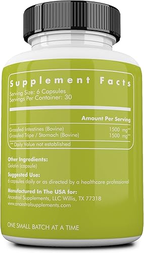 Miniatura 6 de Ancestral Supplements Páncreas alimentado con pasto  Enzimas digestivas proteolíticas incluyendo tripsina y soporte pancreático 180 cápsulas