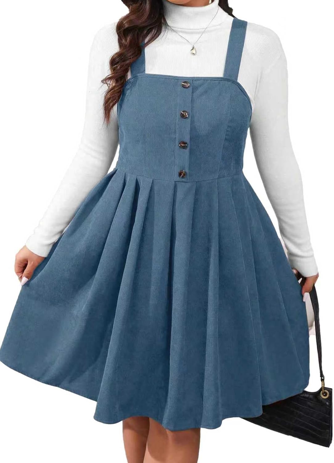 Oversized Button up Pleated Pinafore A-line Dress, Casual Sleeveless Vest for Women in Autumn and Winter, Without Sweater