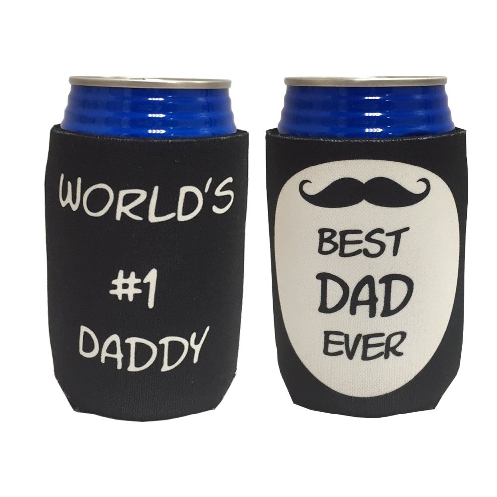 Tainada Neoprene Beer Beverage Drink Can Bottle Coolie Cooler Insulators Sleeve Cover Huggie Holder (2 pcs,Double Sided Printing) with One Absorbent Coaster (World's #1 Daddy)