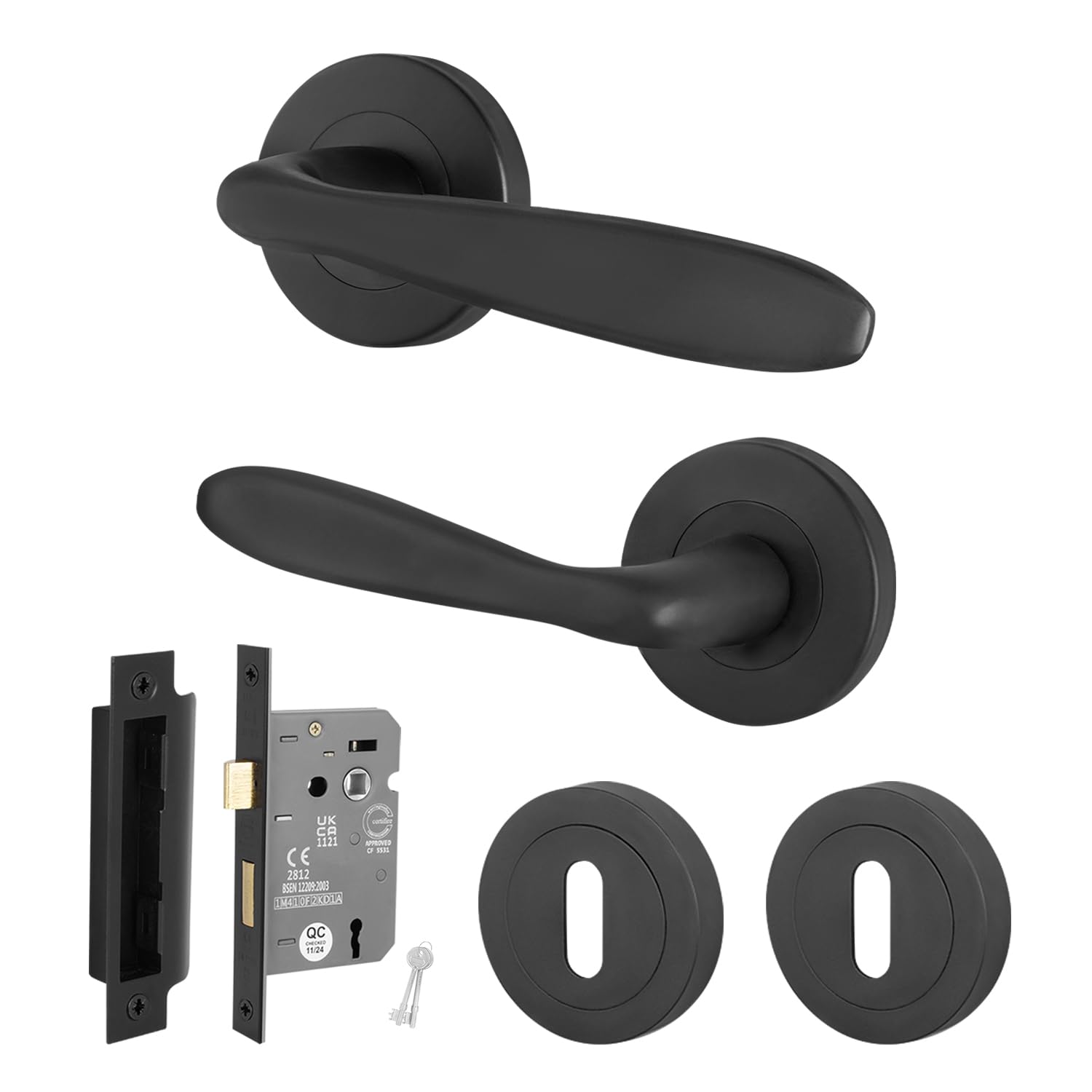 EAI Black Door Handle Key Lock Set, 1 Pair of Matt Black Internal Round Rose Handles and Sash Lock 64mm - Sarno Range โ image 1