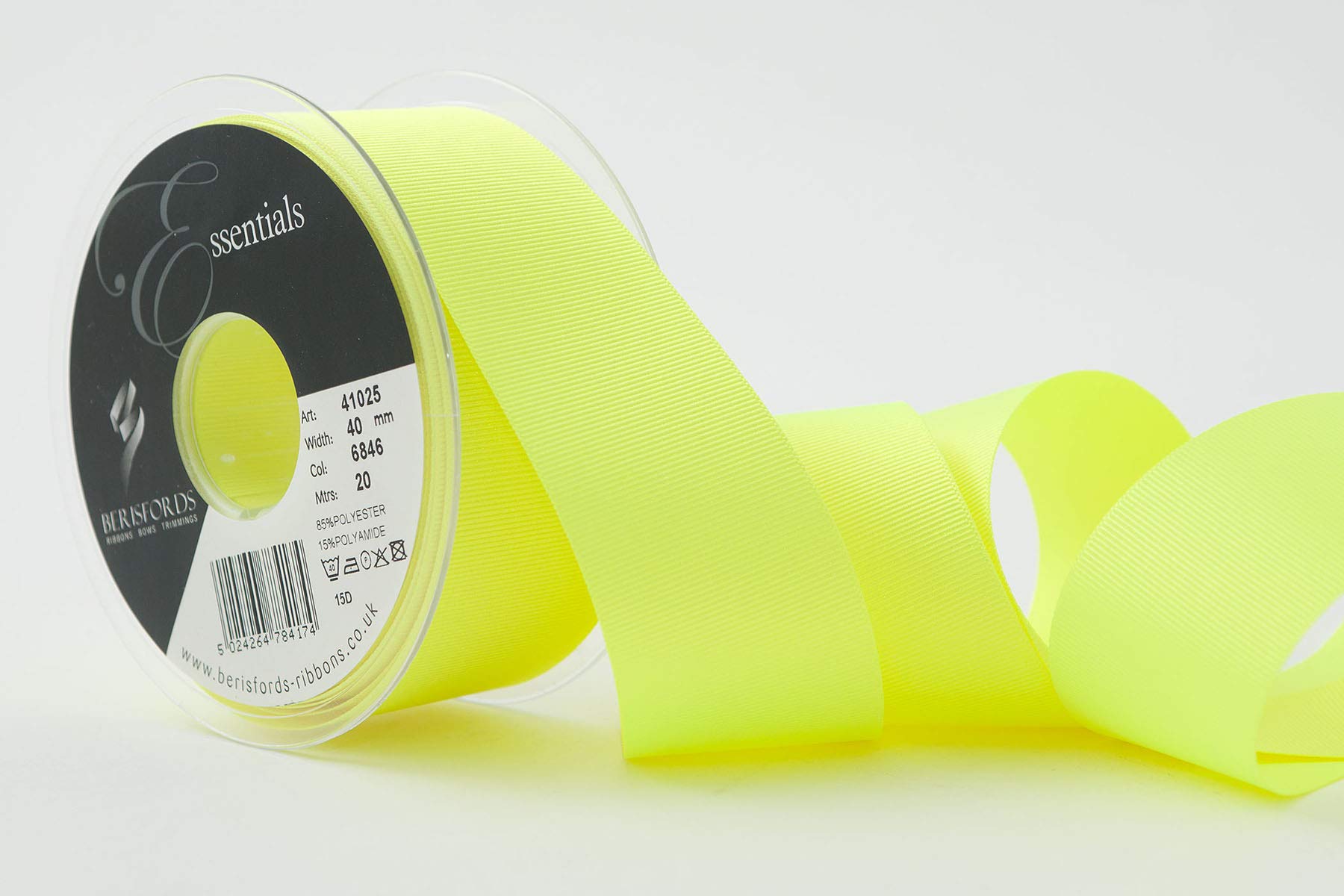 Berisfords Grosgrain Ribbon, Flo Yellow, 40 mm