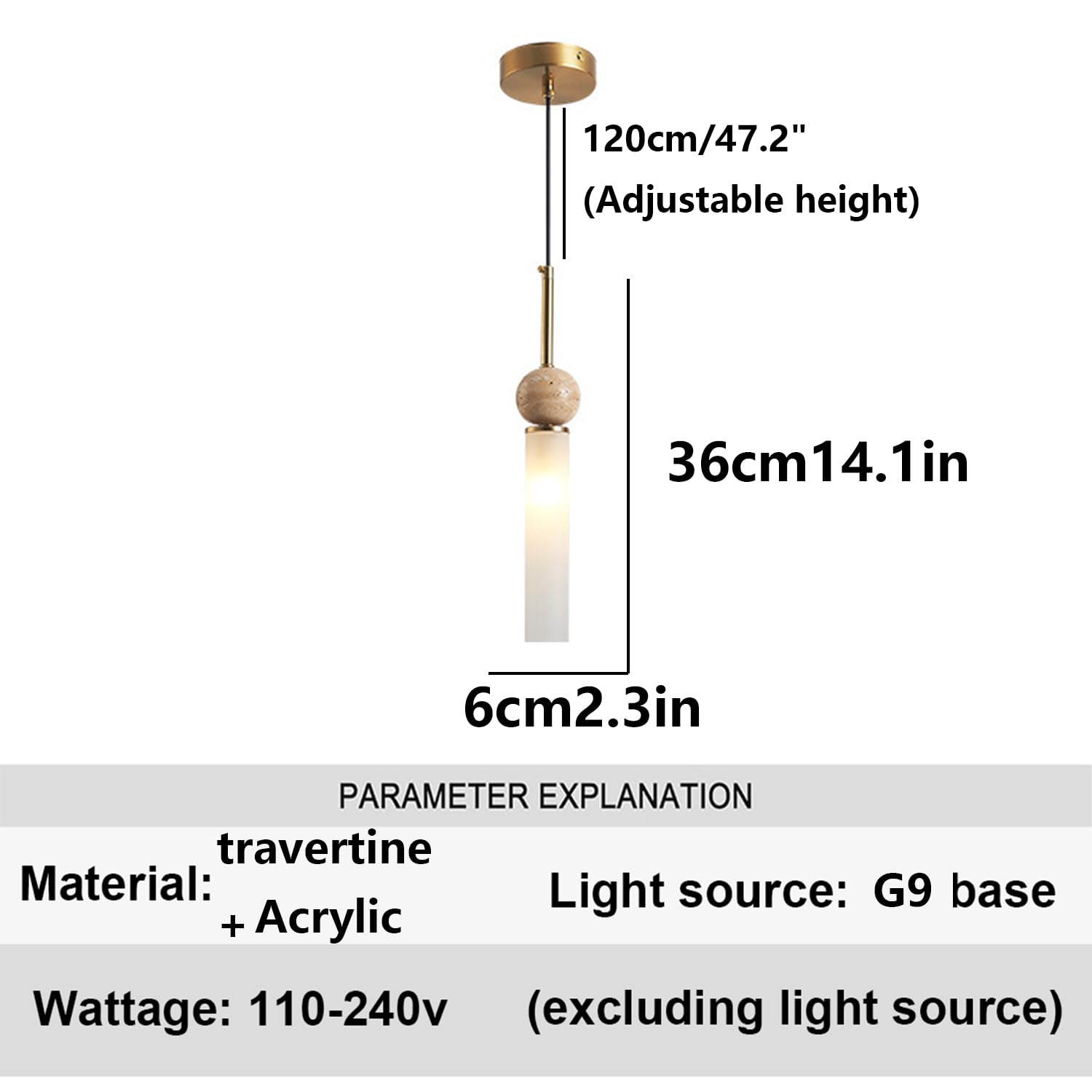 Lampada a sospensione con paralume in travertino naturale e acrilico