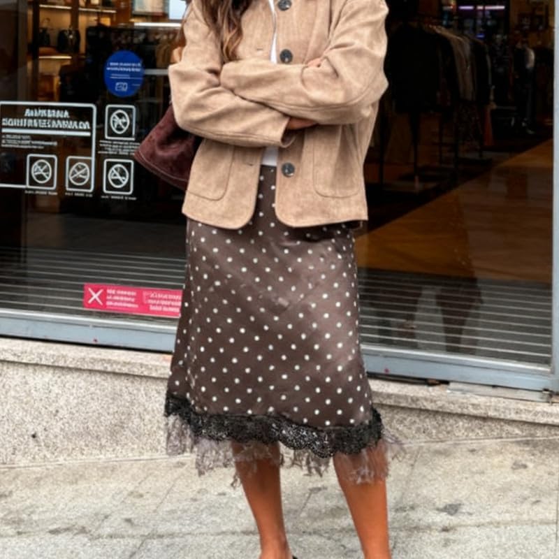 Women Satin Lace Trim Long Skirts Elastic Waist Asymmetric Hem Midi Skirts Lace Half Slip Maxi Skirts Streetwear - Image 2