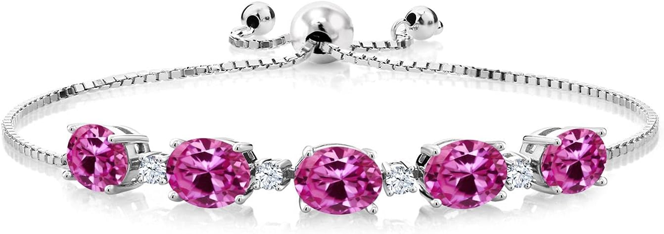 Gem Stone King 8.45 Cttw Oval Pink Created Sapphire Bracelet For Women | 925 Sterling Silver | Oval 8X6MM and Round 2.5MM | Adjustable Bolo Bracelet For Women | Easy-On Easy-Off