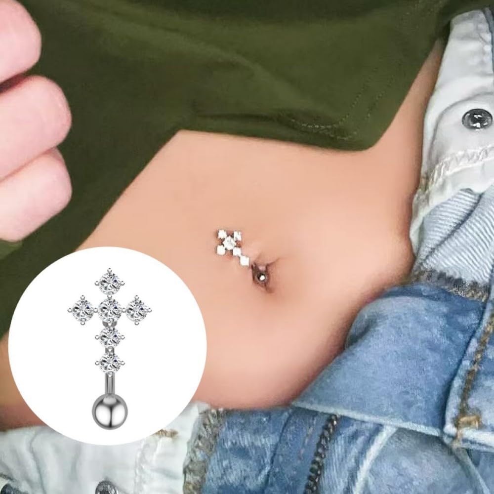 14G CZ Cross Reverse Belly Button Rings for Women Reversed 316L Surgical Steel Belly Navel Piercing Jewelry Navel Curved Barbell Body Piercing Jewelry - Image 2