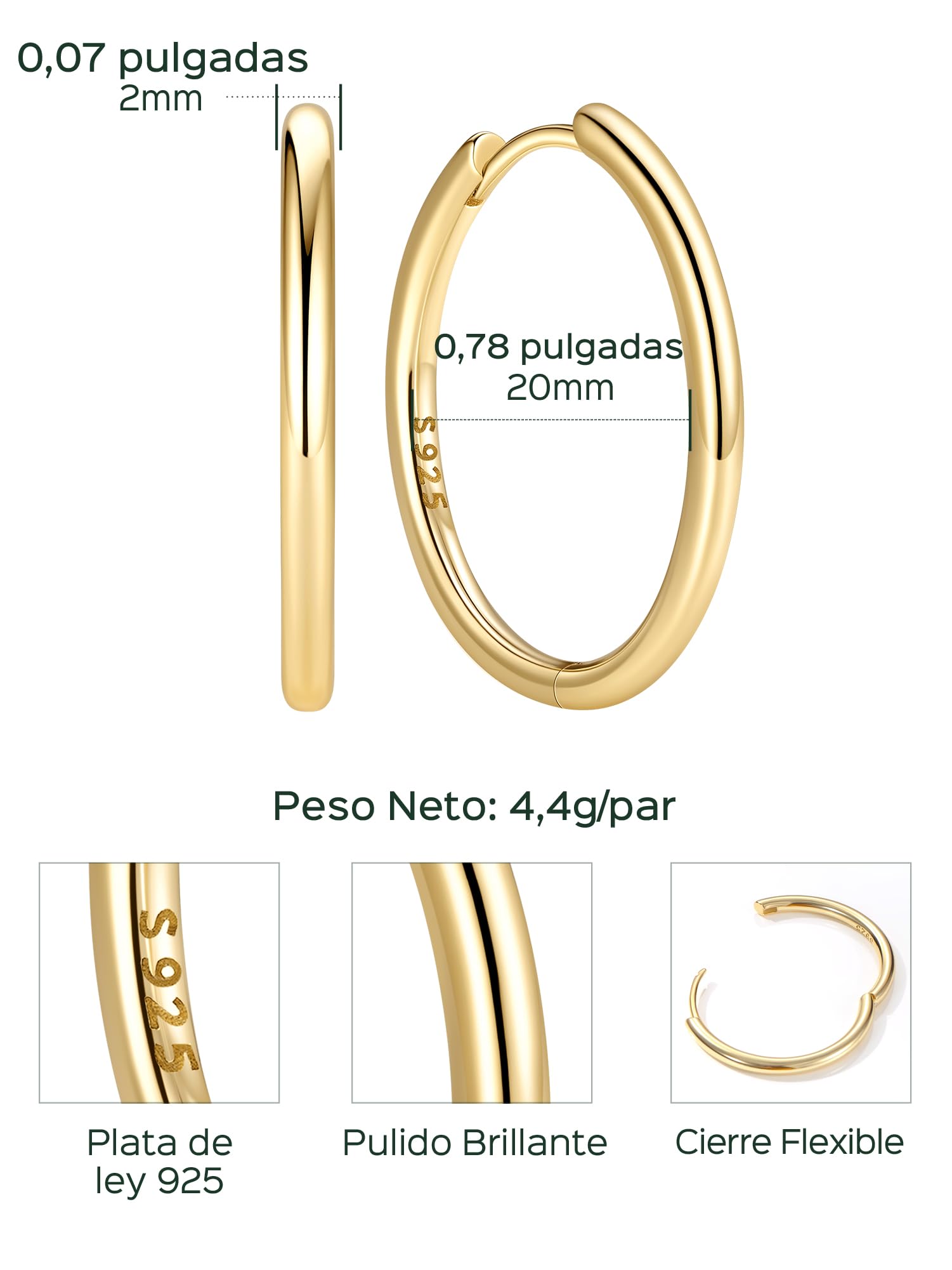 ChicSilver 925 Plata Pendientes Aros Mujer Hoop Earrings Oreja 8-20MM | Material Plata de Ley Aretes Hipoalergénicos para Piel Sensible Banda Fina Regalo Madre Pareja Joyería Delicada