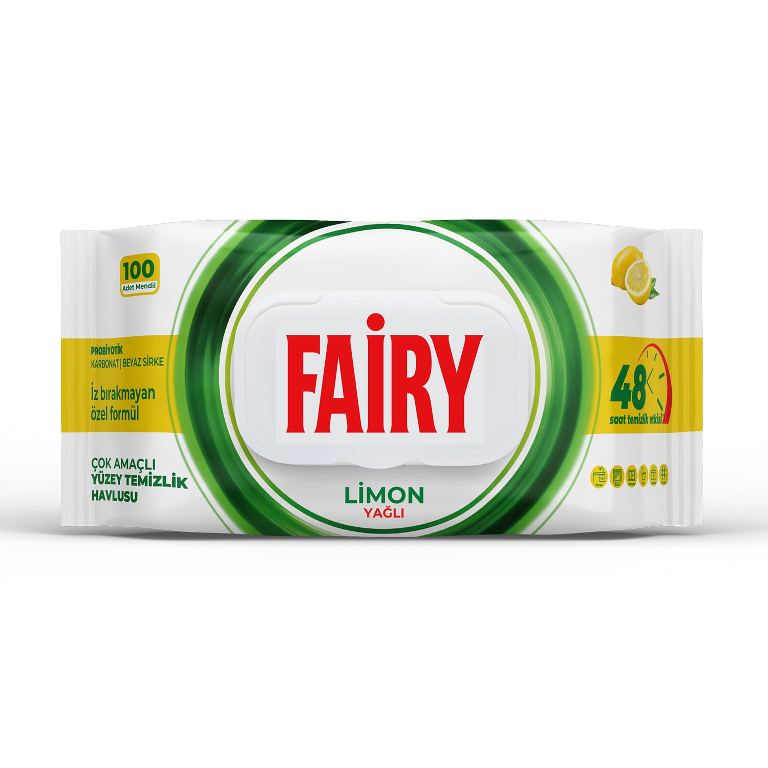 Fairy Çok Amaçlı Yüzey Temizlik Havlusu 100 Yaprak | Limon Yağlı | Beyaz Sirke & Karbonat | 48 Saat Temizlik Etkili | İz Bırakmayan Formül