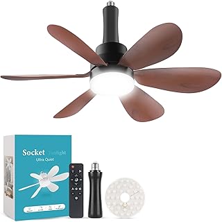 Socket Fan Light, E26 Screw in Lightbulb Fan with 1 Spare Bulb Replacement, Ceiling Fans with Lights Dimmable for Laundry Room Garage Kitchen Circulation Wood