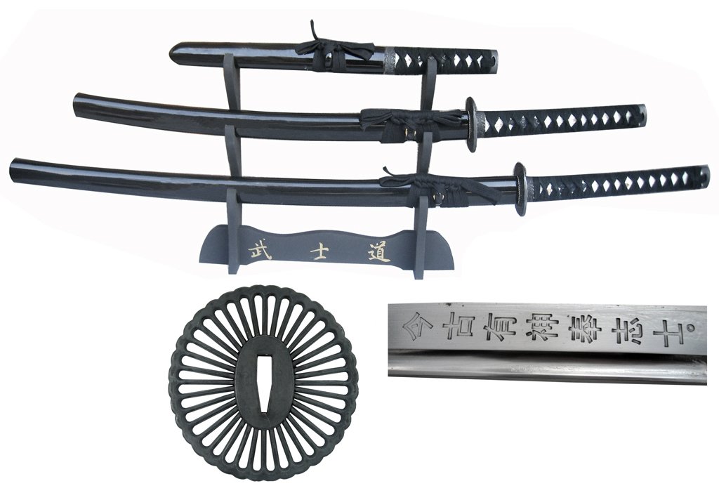 Musha 3 Pcs Hand Forged Samurai Sword Set Black (Black)