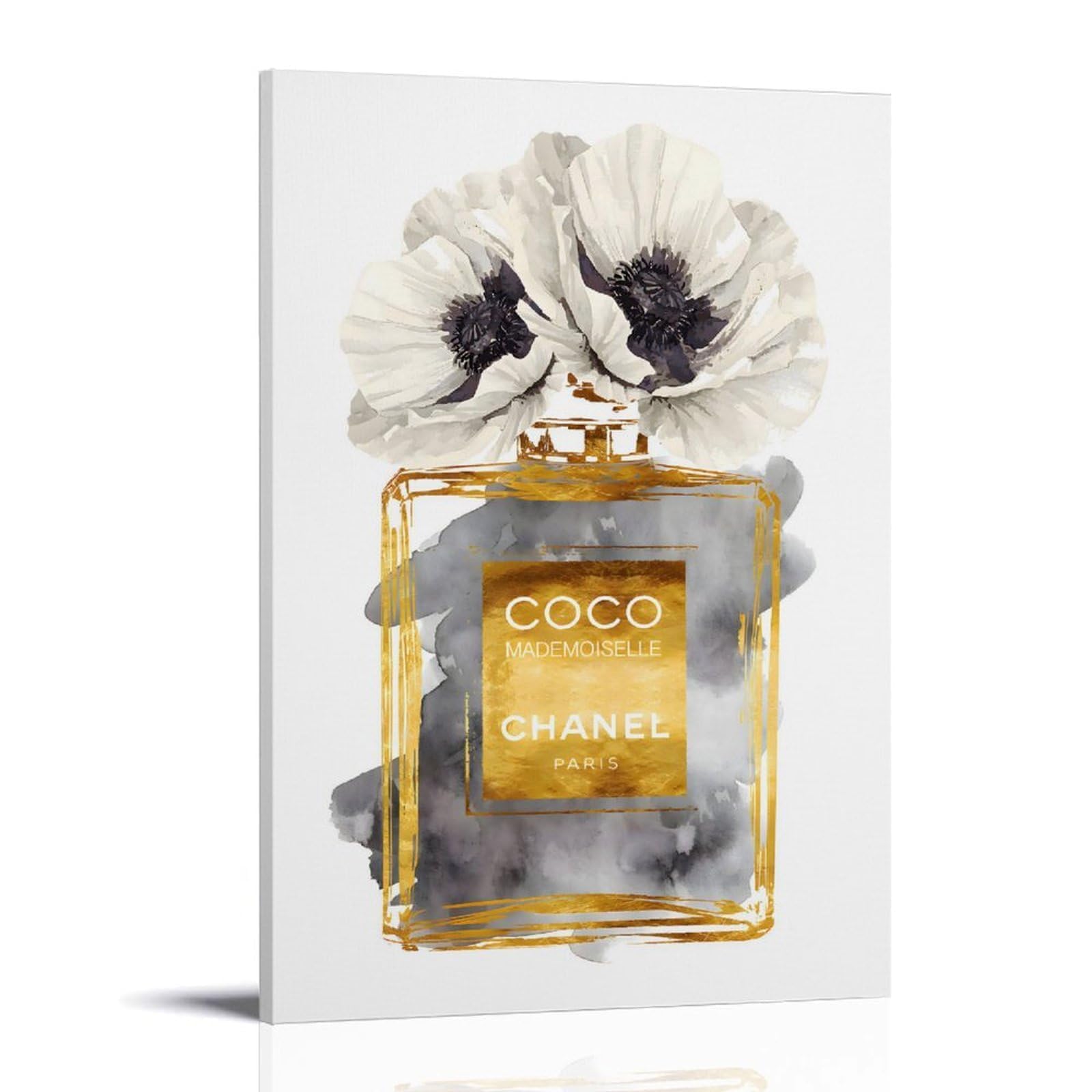 WEboL Fashion Perfume Bottle Dark Gold With Dark Grey & White Poppy Poster Decorative Painting Canvas Wall Art Picture Print Modern Family Bedroom