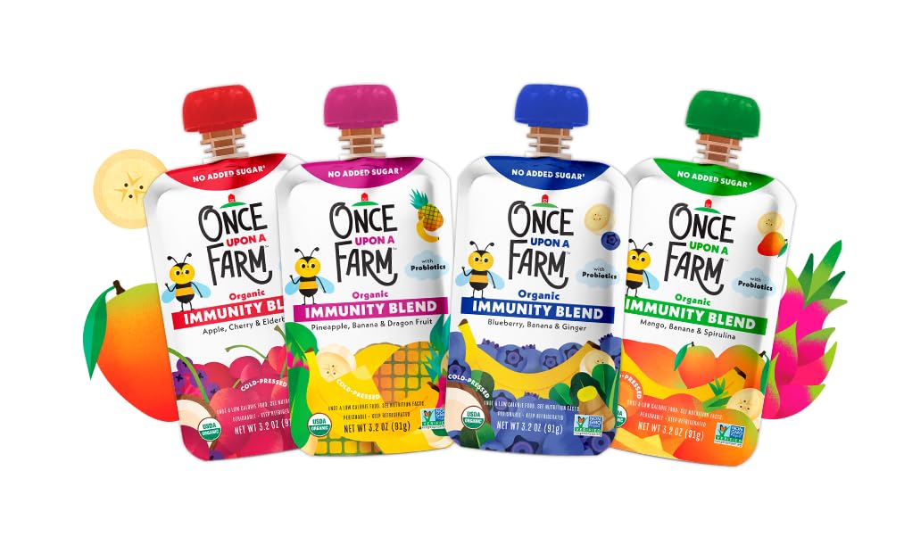 Once Upon a Farm | Immunity Blend | Apple, Cherry & Elderberry, Mango, Banana & Spirulina, Pineapple, Banana & Dragon Fruit, Pineapple | No Added Sugar | Variety Pack of 24