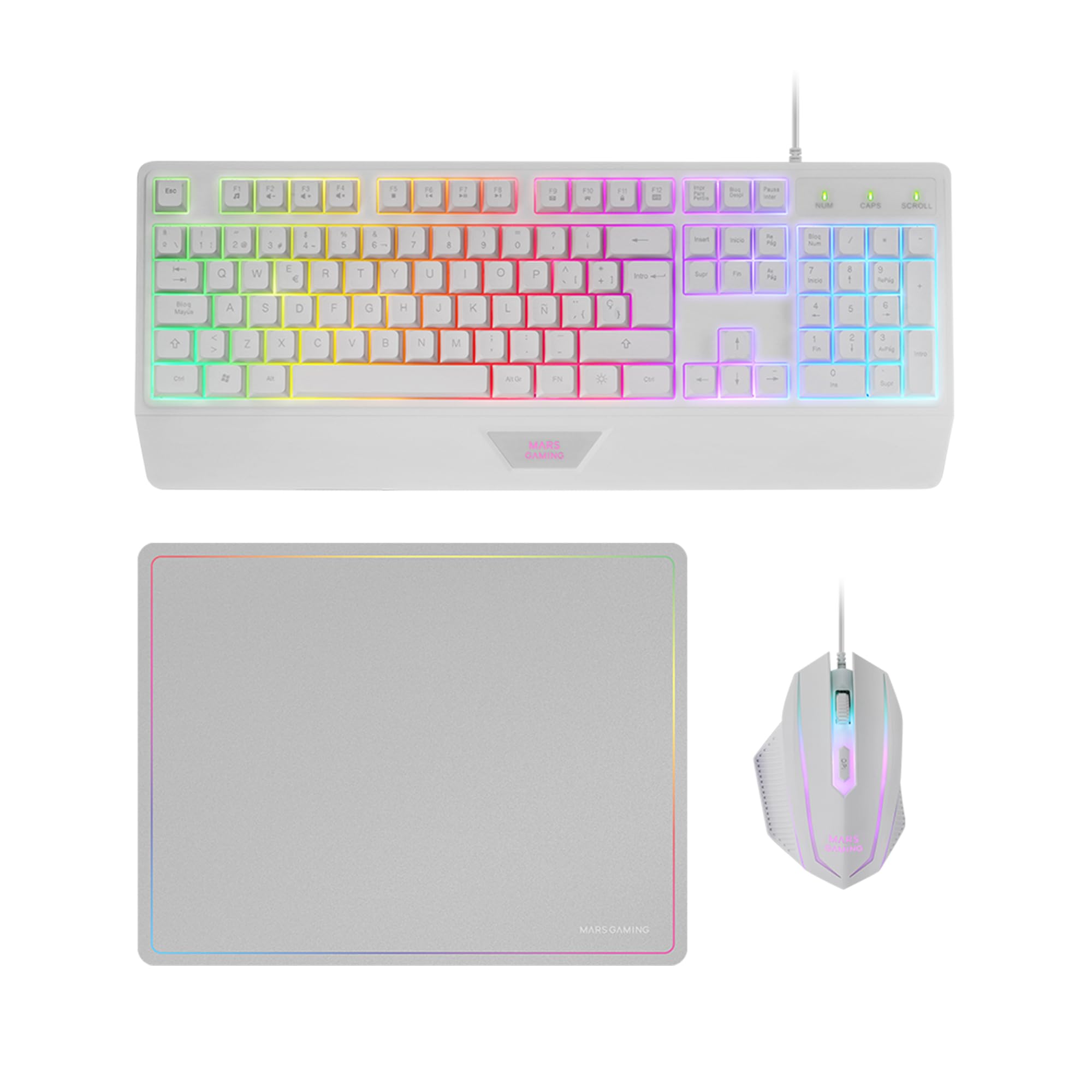 Mars Gaming MCP124, Combo Gaming 3en1, Teclado Ergonómico H-Mech LED RGB, Ratón RGB 3200DPI Switches HUANO, Alfombrilla Nanotextil 360x260mm, Compatibilidad Multiplataforma, Layout Español, Blanco