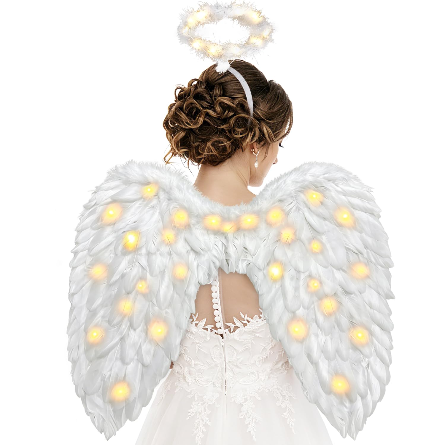 Ptesuply Angel Wings, Light Up Angel Wings and Halo, Adult Angel Costume for Women Girls Kids Halloween Christmas Party (Warm Color)