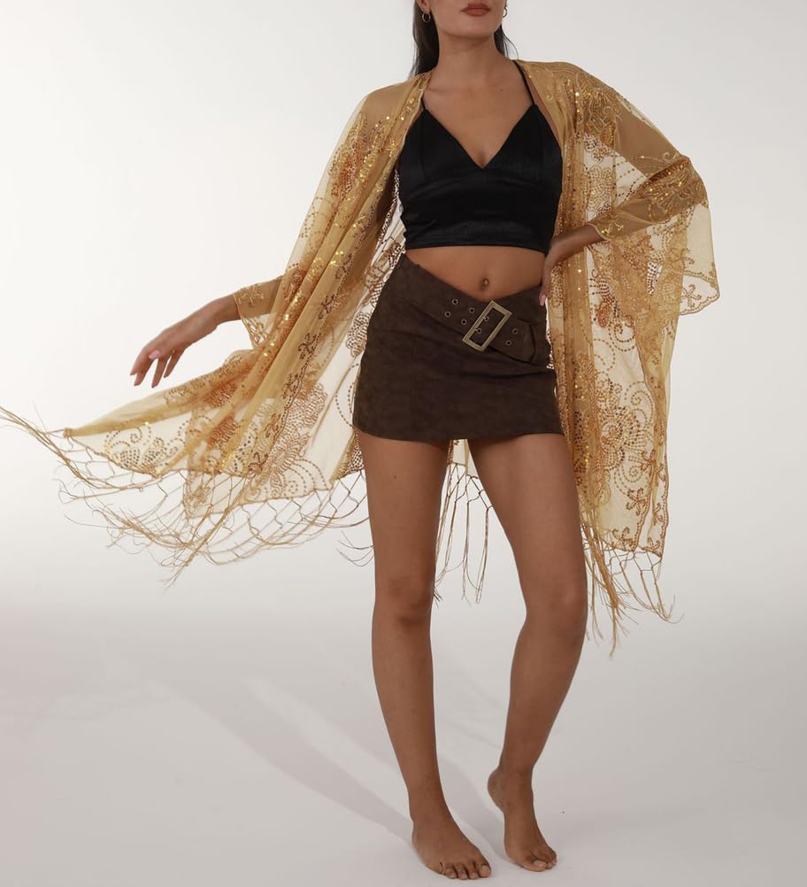 Copricostume da Spiaggia con Protezione Solare Estiva Da Donna, Kimono Paillettes Scintillanti Cardigan Scialli Solari con Nappa