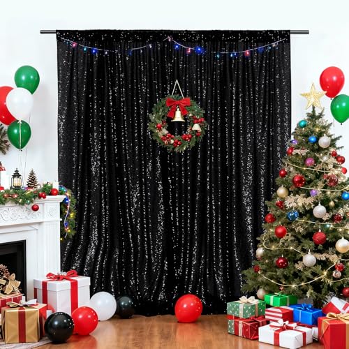 Image of PartyDelight Black Sequin Backdrop 6x7ft 4 Inch Rod Pocket | Dense 3mm sequins on mesh backing with 4 inch rod pocket for full body photos ceremony arches party walls and stage displays