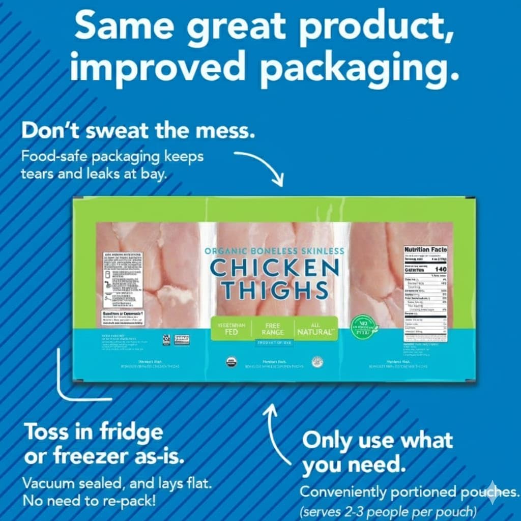 Organic Boneless Skinless Chicken Thighs , these thighs are the perfect protein choice for a variety of cooking methods. Whether you’re braising, baking, or firing up the grill for a backyard barbecue , 20g protein per serving .. [ 5 pound - 80 oz ]