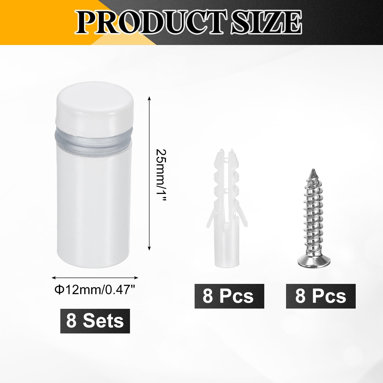 QUARKZMAN 8 sztuk wsporników dystansowych do ścian, 12 mm x 25 mm, ze stali nierdzewnej, ze śrubami i rurą rozprężną, do tabliczek wyświetlaczy - porcelana biała