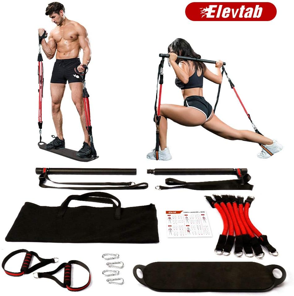 Portable Home Gym Workout Set 3.0- Collapsible Resistance Bar with Adjustable Straps+ 4 Levels Resistance Bands+Foot Board+Handles+Ankle Straps+Door Anchor+Workout Guide+Carring Bag