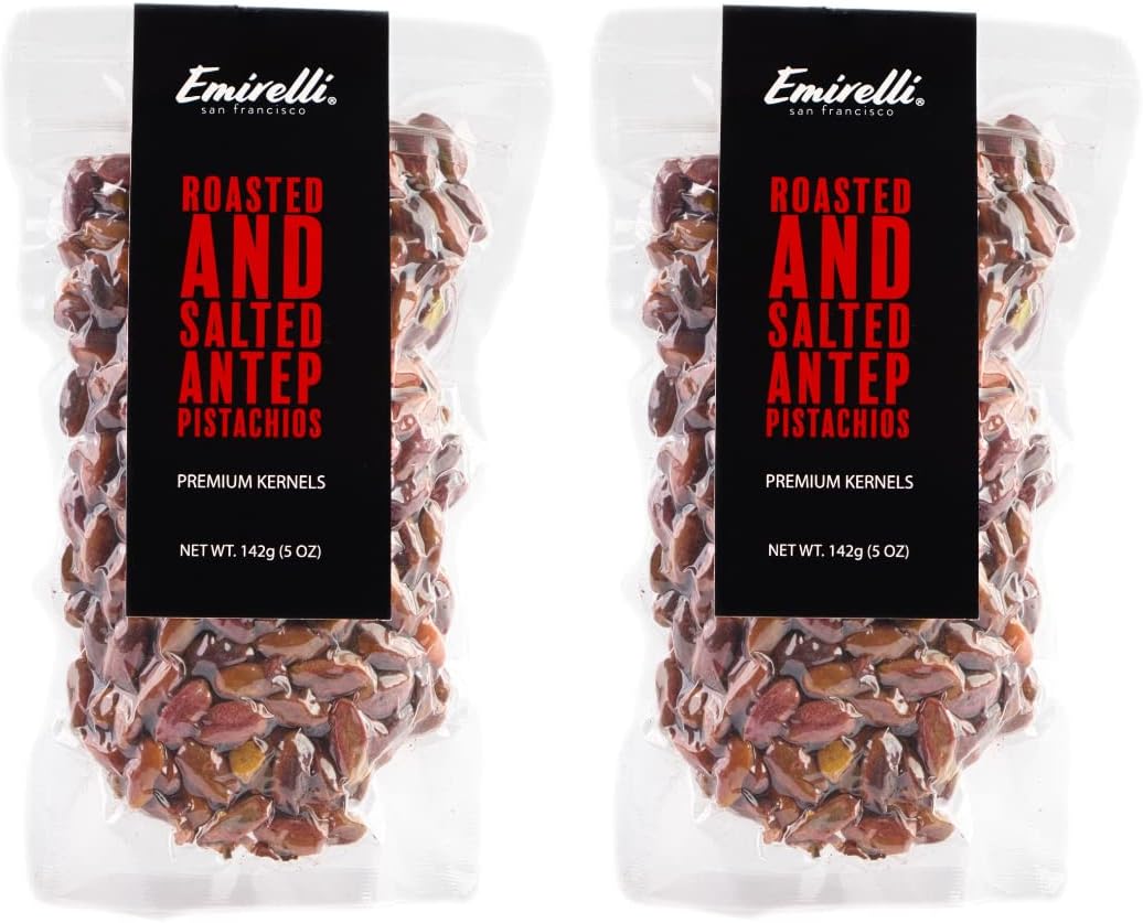 Emirelli Turkish Antep Pistachios, Roasted and Salted Without Shell Intense Nuts, Non GMO Natural Vegan Snacks, Remains Fresh with Resealable Bag (Roasted and Salted - No Shell, Pack of 2)