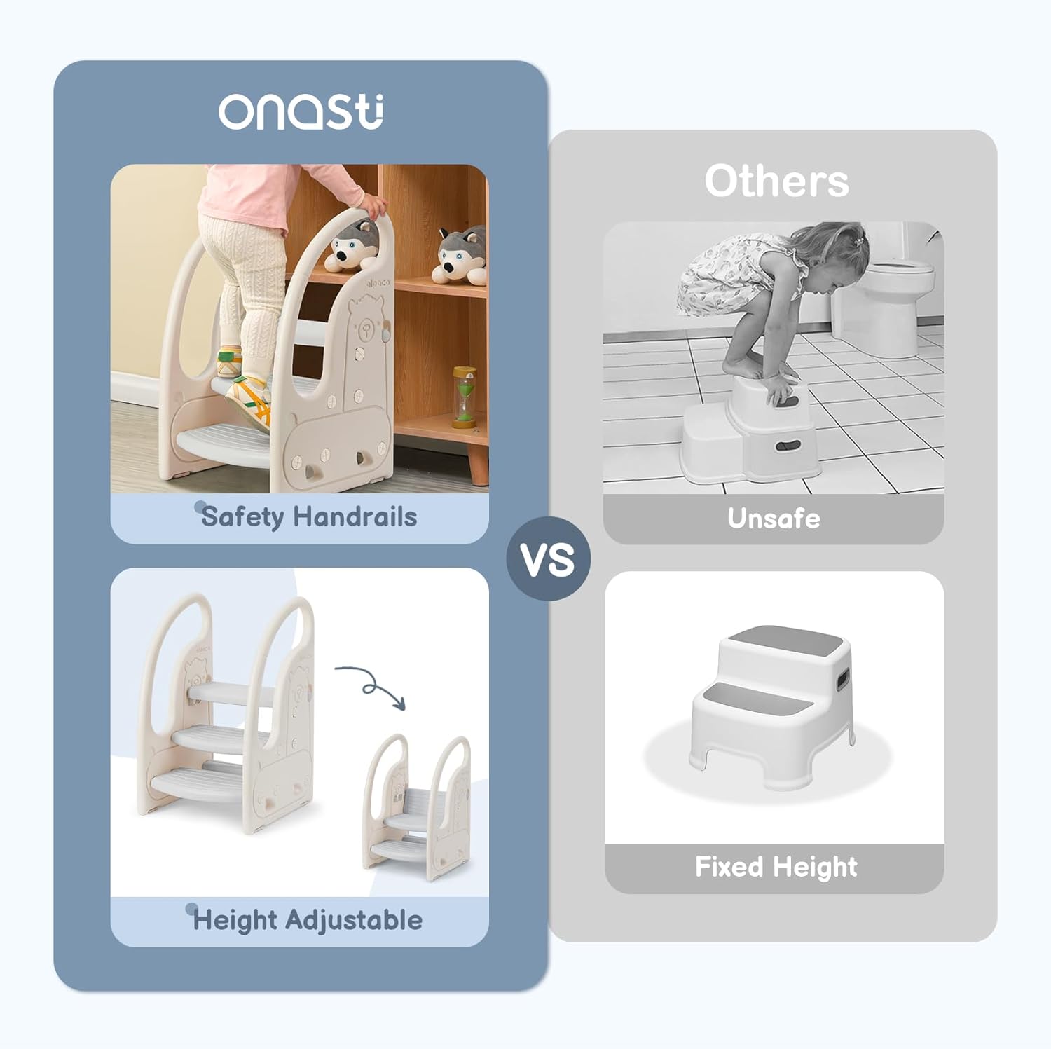 Size 3 step Color Grey Toddler 3 Step Stool Onasti Kids Standing Tower for Toddlers Plastic Learning Helper Stool for Kitchen Counter Bathroom Sink Toilet Potty Training with Handles and Non-Slip Pads-Grey White