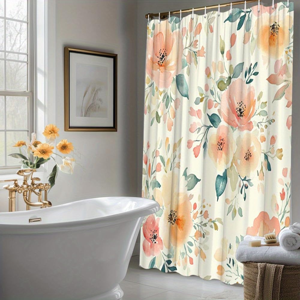 GLWDMB 1 Piece 180x180CM Watercolor Floral Printed Shower Curtain With Hook, Polyester, for Windows And Walls, Bathtub, Bathroom, Machine Washable, All Season Universal