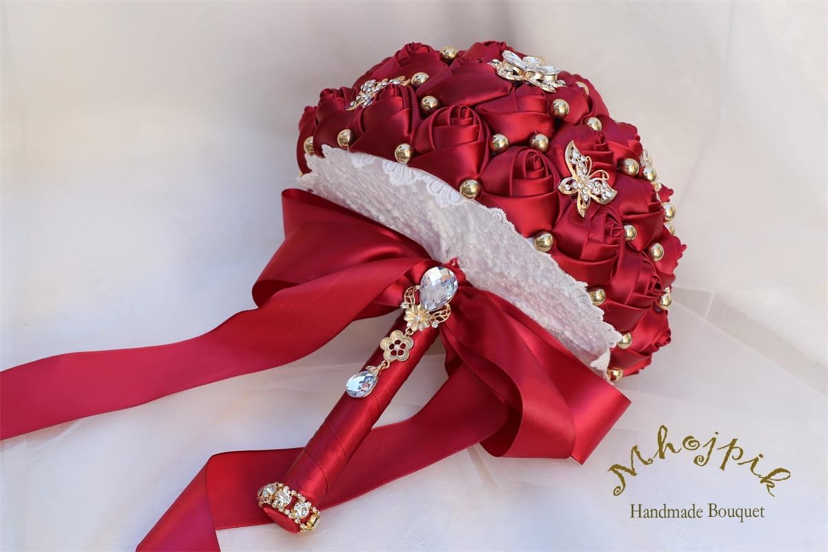 Bridal Wedding Bouquet Round Holding Bouquet Throw Toss Artificial Rose Flower Bunch for Bride Bridesmaid Wedding Quinceanera(Dark Red, 7.1")