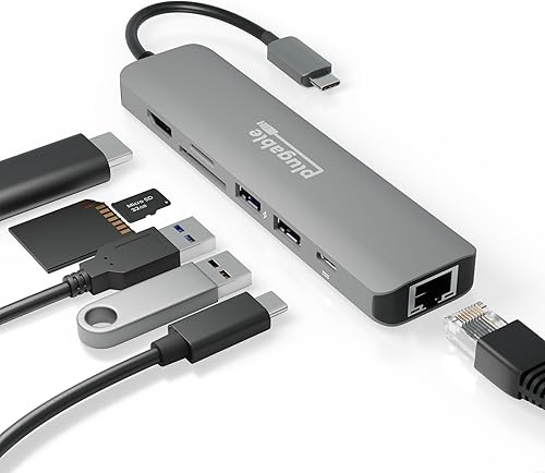 Miniatura 1 de Plugable Adaptador multipuerto USB C 7 en 1 con Ethernet compatible sin controladores con Mac, Windows, iPhone 15, Chromebook, USB4, Thunderbolt,